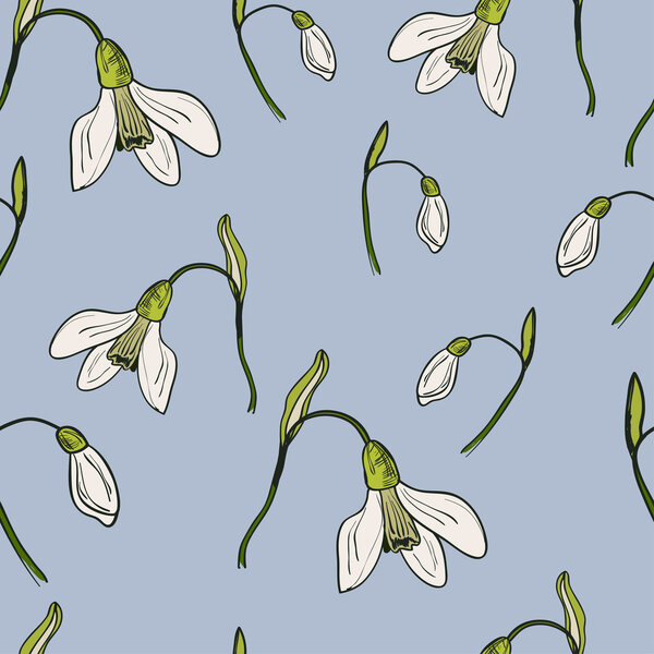 Векторный бесшовный узор с белыми подснежниками и зелеными лепестками
