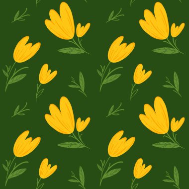 Yeşil arka planda sarı lale çiçekleri, pürüzsüz desen