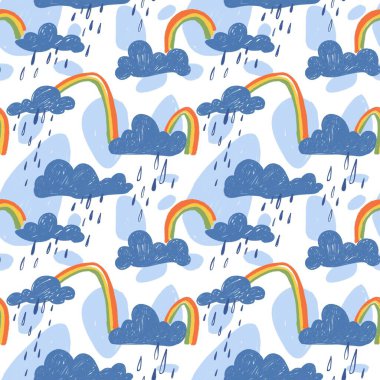 Kusursuz yağmur ve gökkuşağı deseni, renkli, şirin bir illüstrasyon.