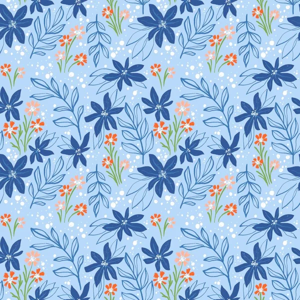 青い花と葉を持つシームレスな花パターン — ストック写真