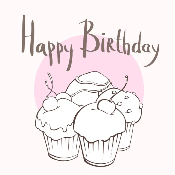 Cuatro cupcakes, feliz tarjeta de cumpleaños — Vector de stock