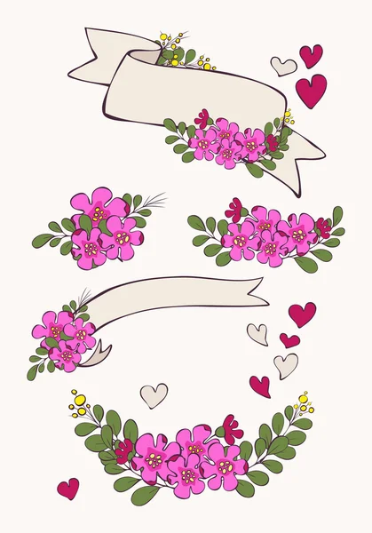 Set con flores, corazón y cintas . — Vector de stock