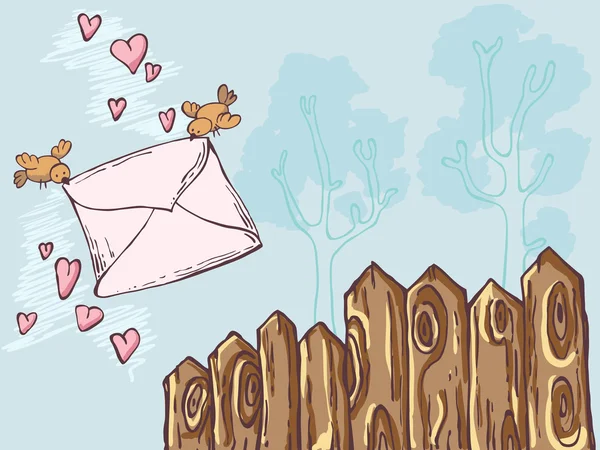 Dois pássaros carregando carta de amor por correio aéreo — Vetor de Stock