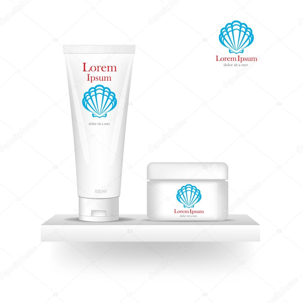 Packaging cosmetics, mock-up. Plastic Container. Package cream, Beauty products. Logo sell. Template Logo. Company logo design