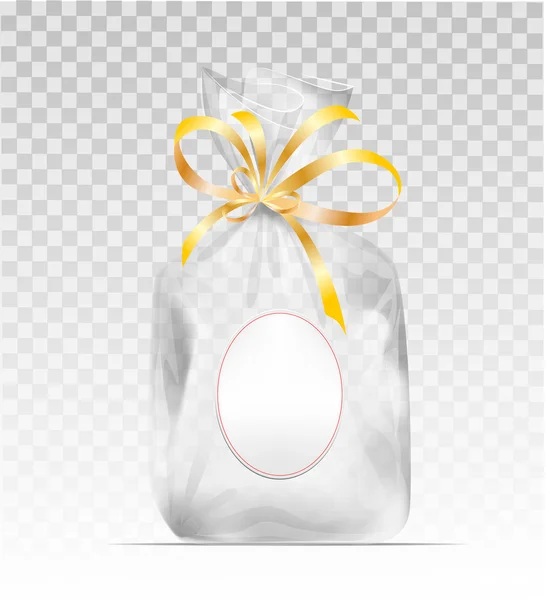 Bolsa de regalo de plástico con cinta dorada brillante — Vector de stock
