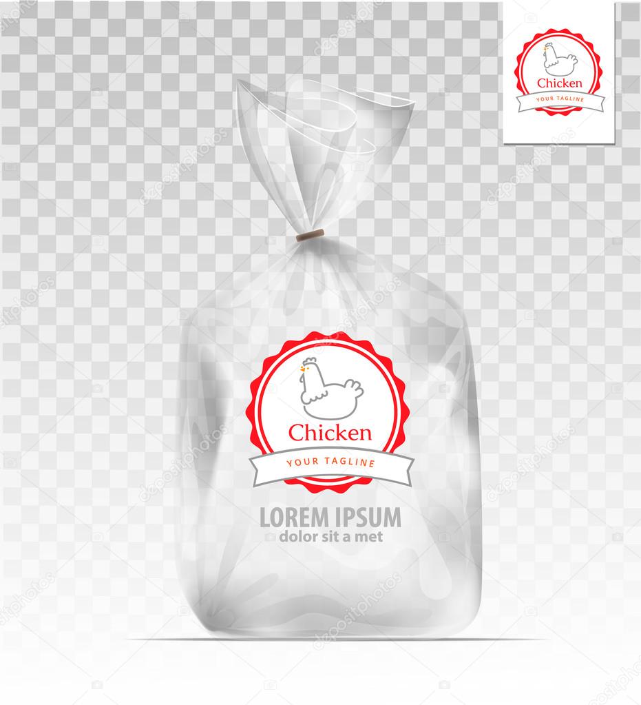 Empty Transparent plastic gift bag with logo chicken. Logo design template. Company logo design.