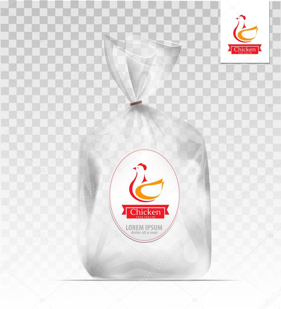 Empty Transparent plastic gift bag with logo chicken. Logo design template. Company logo design.