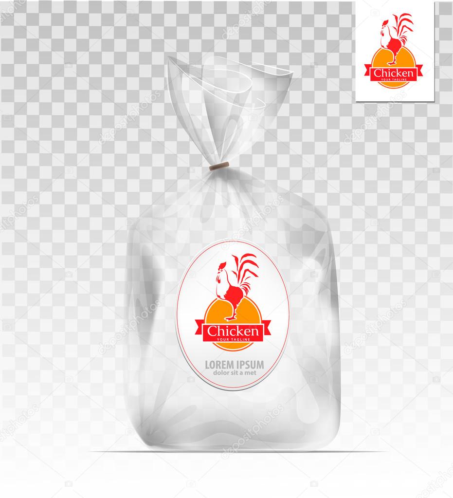 Empty Transparent plastic gift bag with logo chicken. Logo design template. Company logo design.