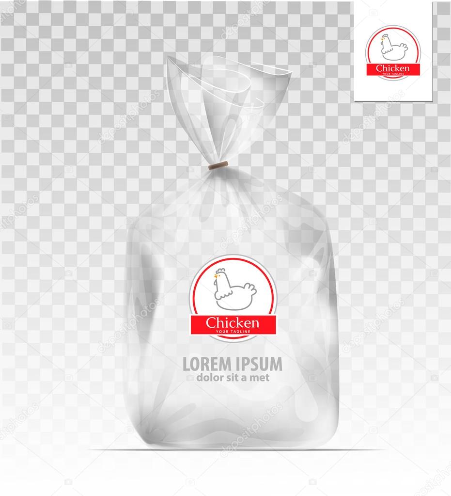 Empty Transparent plastic gift bag with logo chicken. Logo design template. Company logo design.
