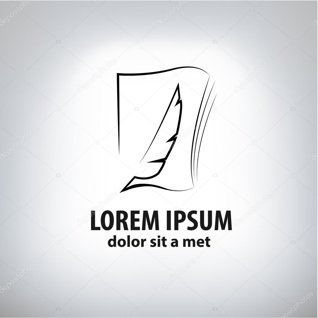 Book and feather. Quill abstract vector logo design template.