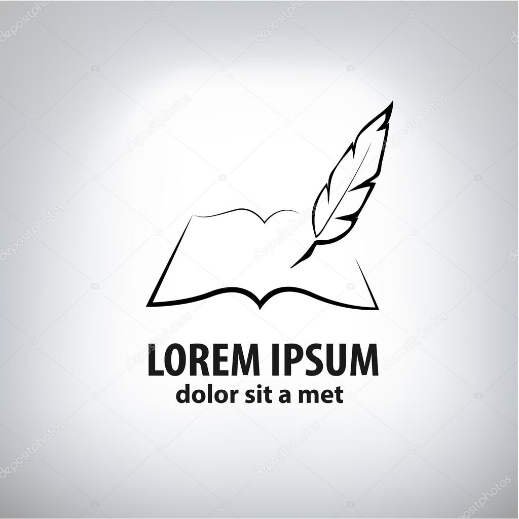 Book and feather. Quill abstract vector logo design template.