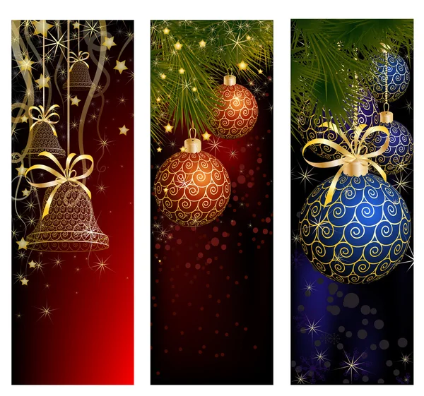 Set banner del sito web di Natale decorato con albero di Natale, campanello, fiocchi di neve e luci — Vettoriale Stock