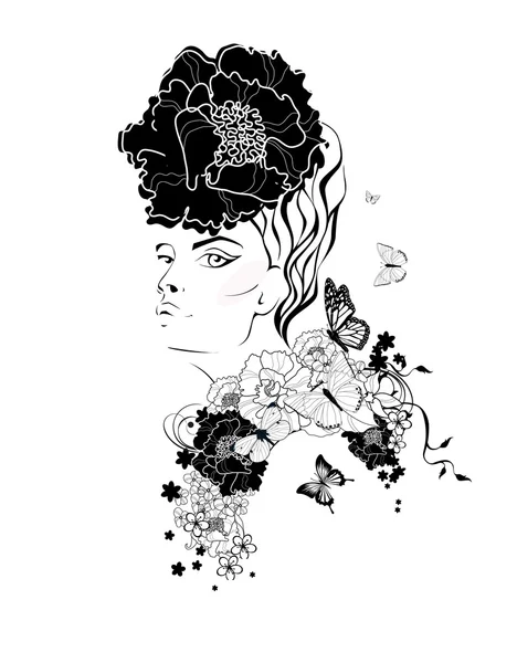 Las mujeres se enfrentan con una flor en el pelo. Ilustración moda . — Vector de stock