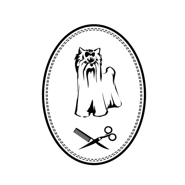 Logotipo de aseo de mascotas con Yorkshire terrier perro, cepillo de pelo y tijeras, signo de perrito para salón de mascotas o icono de la tienda — Archivo Imágenes Vectoriales