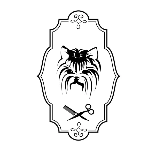Logo ile Yorkshire terrier köpek bakım evde beslenen hayvan, saç fırçası ve makas, köpek imzalamak için evde beslenen hayvan salon veya mağaza simgesi