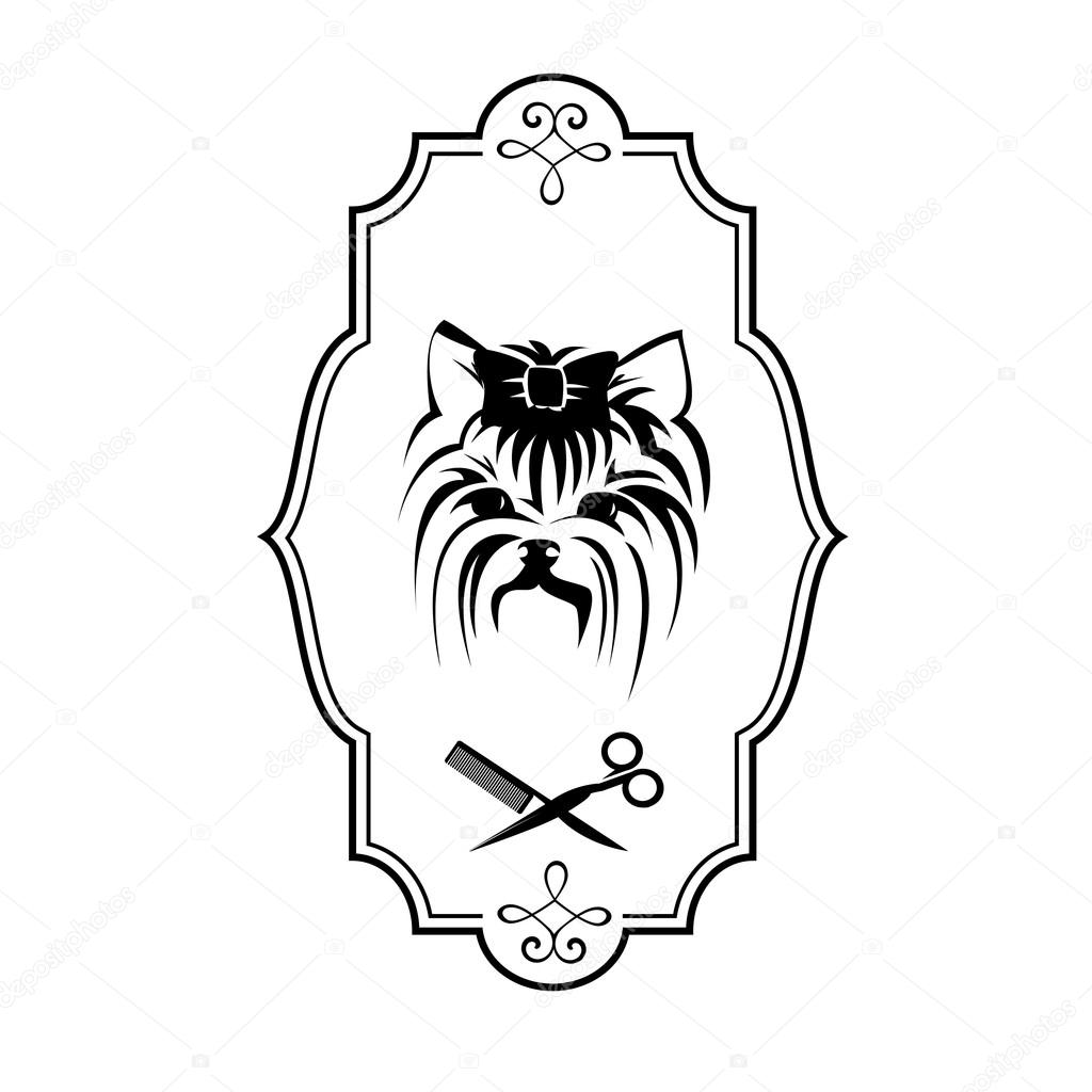 Pet grooming logo with dog, hairbrush and scissors, doggy sign