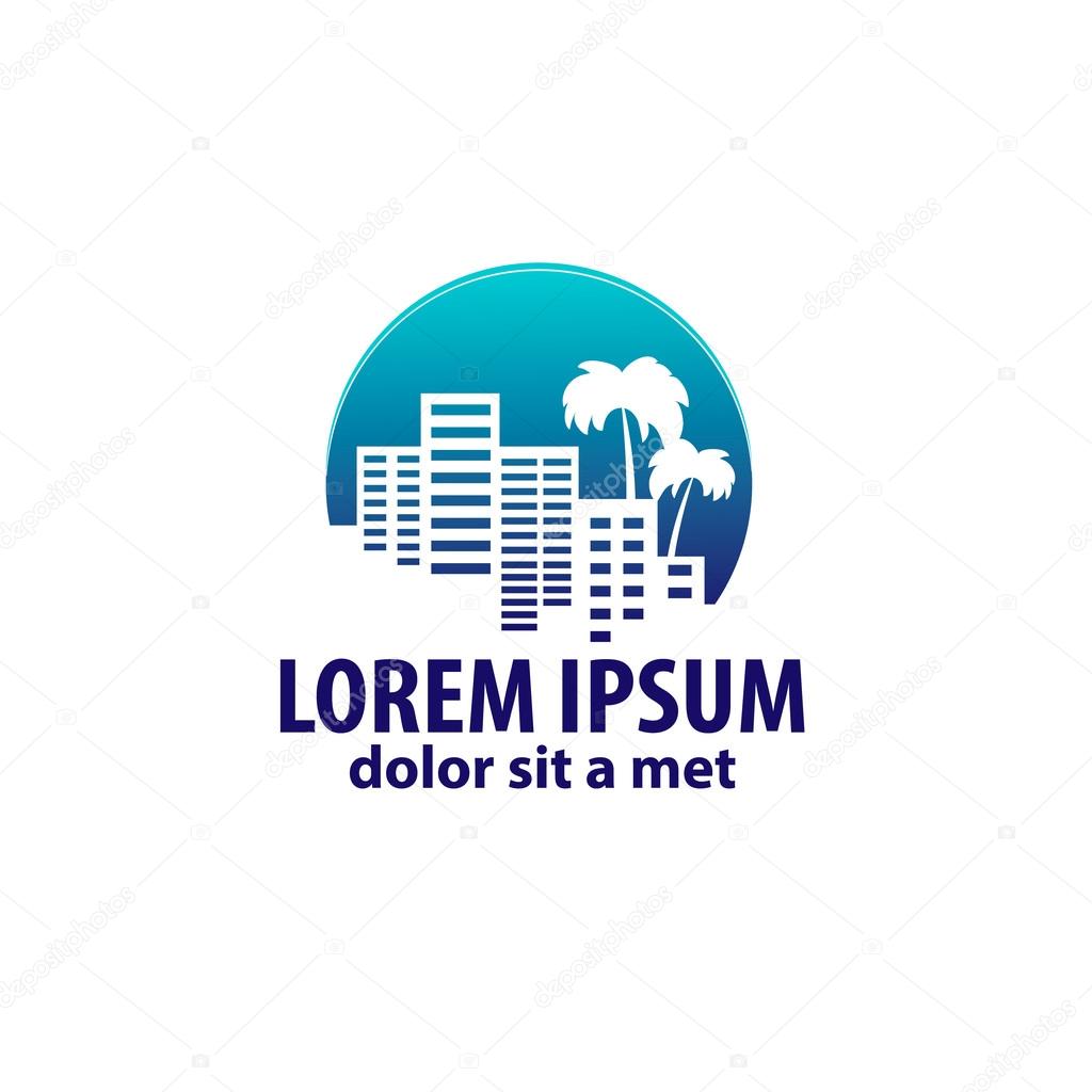 logo with a silhouette of the city and palm