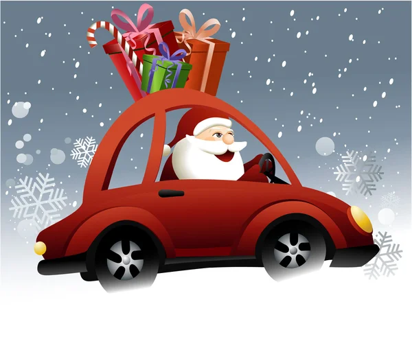 Papá Noel conduciendo un coche — Vector de stock