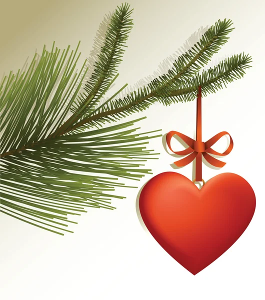 Vánoční strom větev s červeným srdcem — Stockový vektor