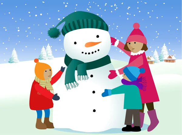 Niños y muñeco de nieve — Archivo Imágenes Vectoriales