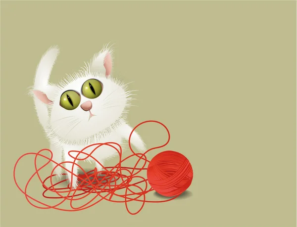 Pequeño gato jugando con bola de lana — Vector de stock