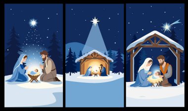 Dikey Noel Doğum Sahneleri Mobil Projeler için Kutsal Gece Resimleri. Üç dikey doğum illüstrasyonundan oluşan bir koleksiyon. Noel gezici geçmişi, sosyal medya vs. için mükemmel