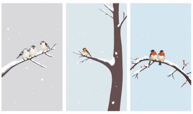 Karlı dallarda oturan sevimli kuşların minimum kış çizimleri. Cep telefonu, tebrik kartı veya tatil tasarımı için sakin mevsimsel arkaplan.