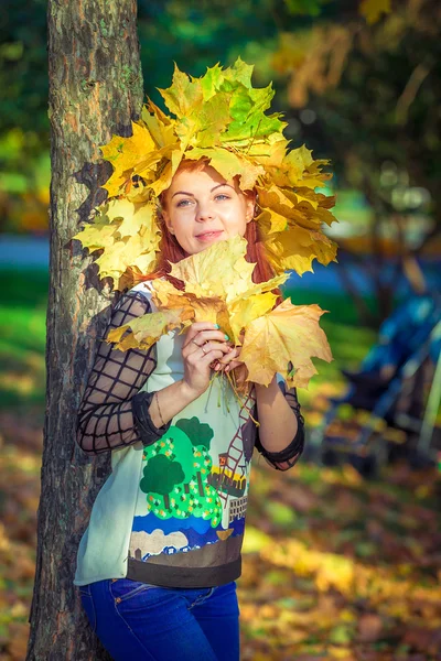 autumn, girl, beautiful, portrait, people, happy, young, park, yellow, nature, greenery, beauty, color, red, leaves, lifestyle, season, outdoor, october, background yellow leaves, flower, wreath