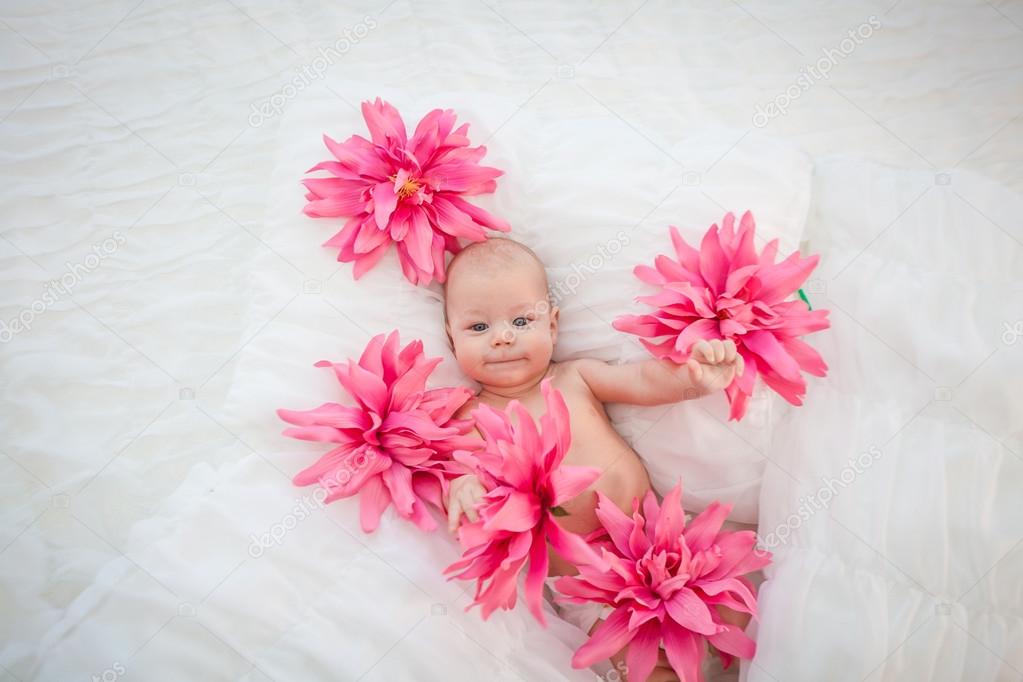 Blue One People Happiness White Background Young Pretty Beautiful Flowers A Bed A Child In Flowers