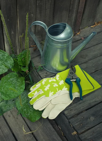 Bodegón de jardín con regadera y guantes — Foto de Stock