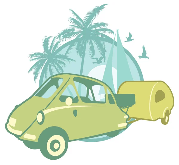 Pegatina vintage con un microcoche y remolque — Vector de stock