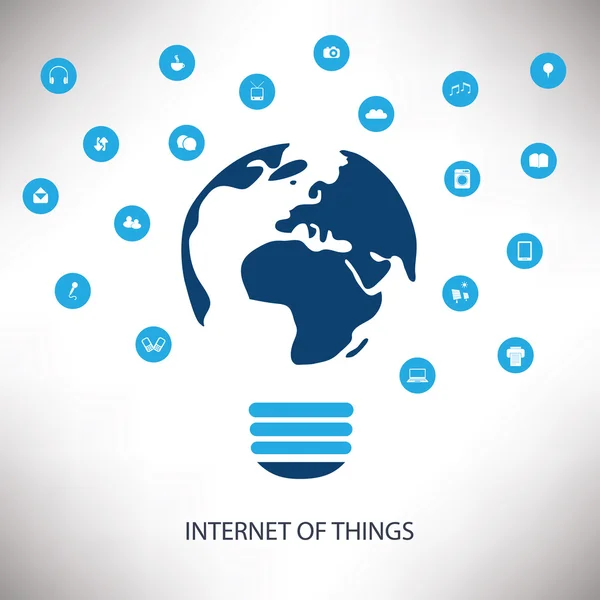 Projeto de conceito de rede branca e azul com globo de terra, lâmpada e vários ícones - Internet of Things Concept —  Vetores de Stock