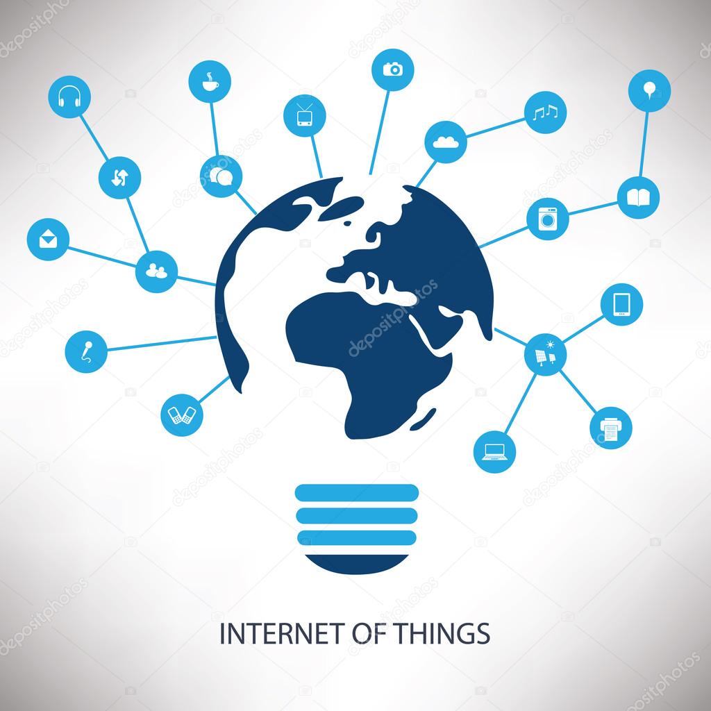 White And Blue Networking Concept Design With Earth Globe, Light Bulb And Various Icons - Internet Of Things Concept