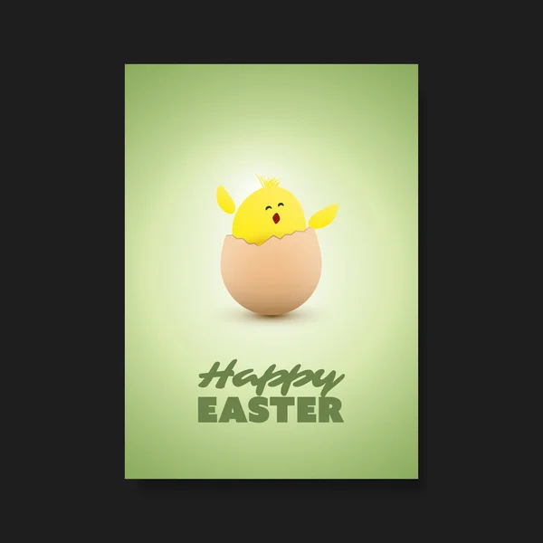 Tarjeta de felicitación de Pascua, volante, cubierta de diseño de plantilla de fondo con poco pollo divertido — Vector de stock