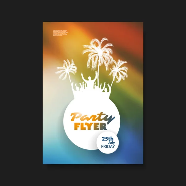 Party-Flyer oder Cover-Design mit tanzenden Jungs, Palmen und buntem Hintergrund — Stockvektor