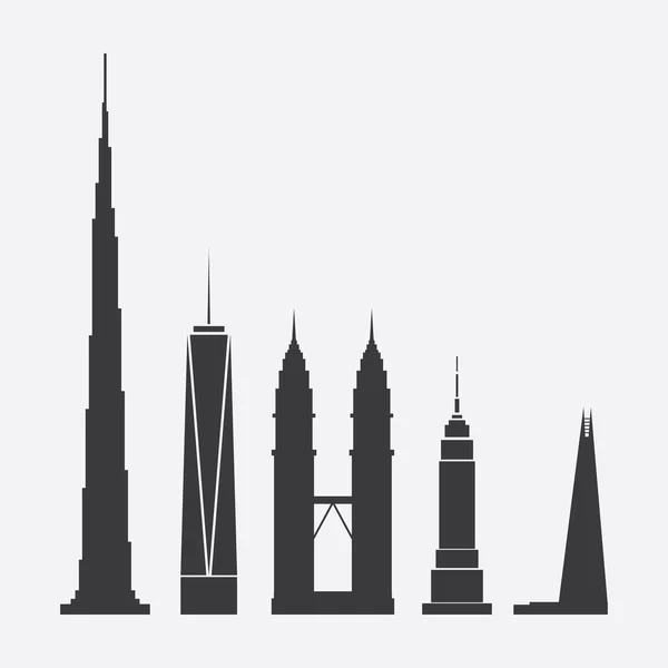 Collection of Abstract Vector Illustrations of Five Famous Skyscrapers: Burj Khalifa, One World Trade Center, Petronas Towers, Empire State Building, The Shard — Stock Vector