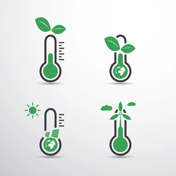 Globale Erwärmung, ökologische Probleme und Lösungen - Design der Thermometer-Symbole — Stockvektor