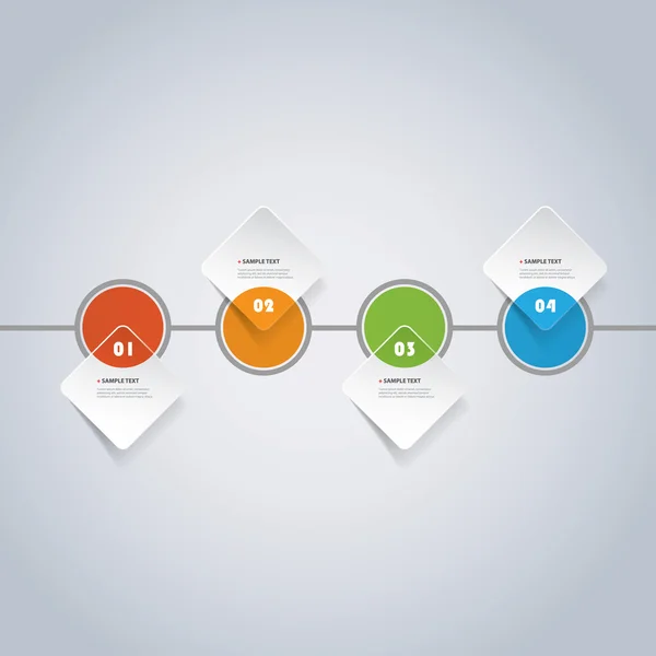 Desenho de linha do tempo de infográficos de corte de papel mínimo colorido - quadrados redondos com círculos — Vetor de Stock