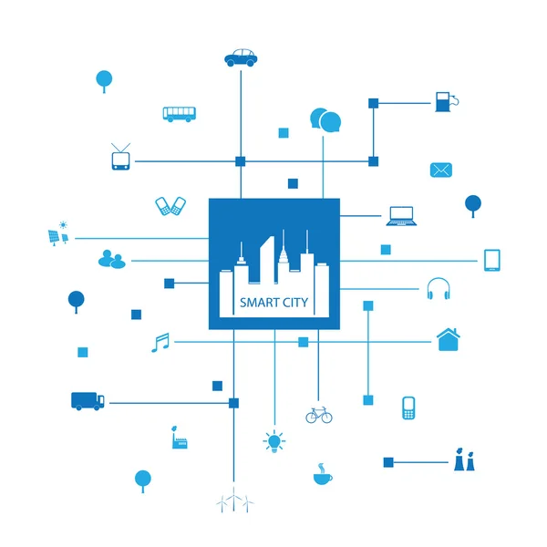 Blue Smart City Design Concept met pictogrammen — Stockvector