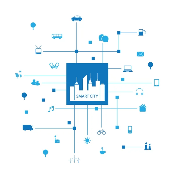 Blaues Smart City Design Konzept mit Symbolen — Stockvektor