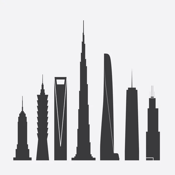 Set of Vector Illustrations of Famous Skyscrapers. Empire State Building, Taipei 101, Shanghai World Financial Ctr., Burj Khalifa, Shanghai Tower, One World Trade Ctr., Willis Tower — Stock Vector