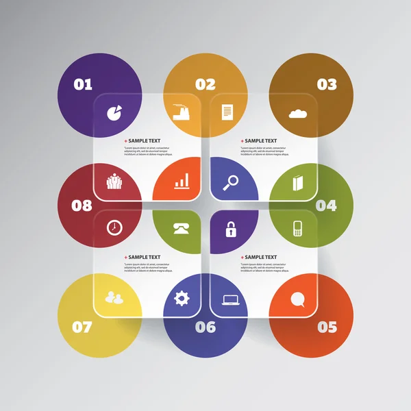 Farbenfroher minimaler Papierschnitt-Infografik-Entwurf - runde Quadrate mit Kreisen — Stockvektor