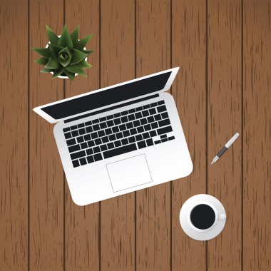 Laptop, kahve fincanı, kalem: İş araçları bir dijital Nomad - Modern tarzı düz illüstrasyon, iş vektör tasarım konsepti üzerinde ahşap arka plan