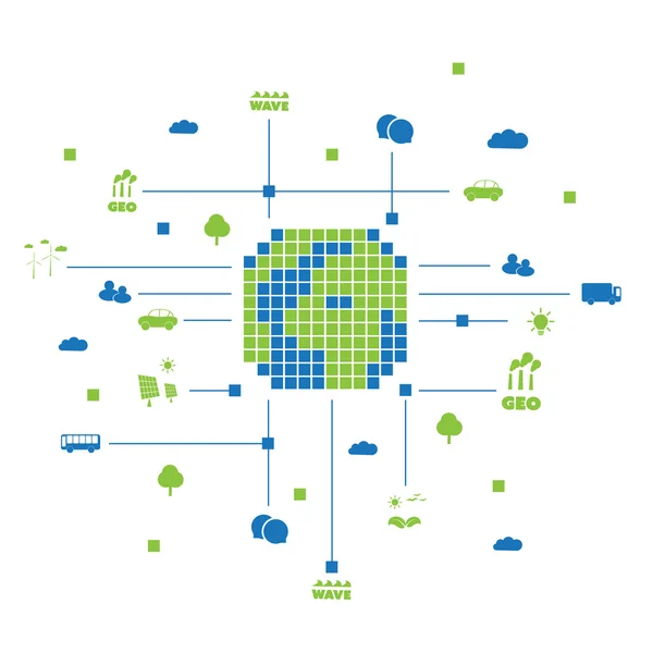 디지털과 녹색 친환경-글로벌 연결, 공용 네트워크 인프라-세계 디자인 컨셉 아이콘 — 스톡 벡터