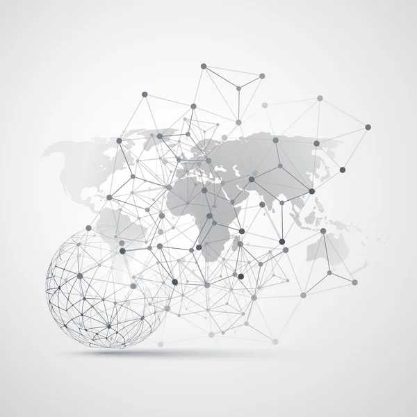 Cloud Computing et réseaux avec carte du monde - Connexions abstraites au réseau numérique mondial, arrière-plan du concept technologique, modèle d'élément de conception créative avec treillis métallique gris géométrique transparent — Image vectorielle
