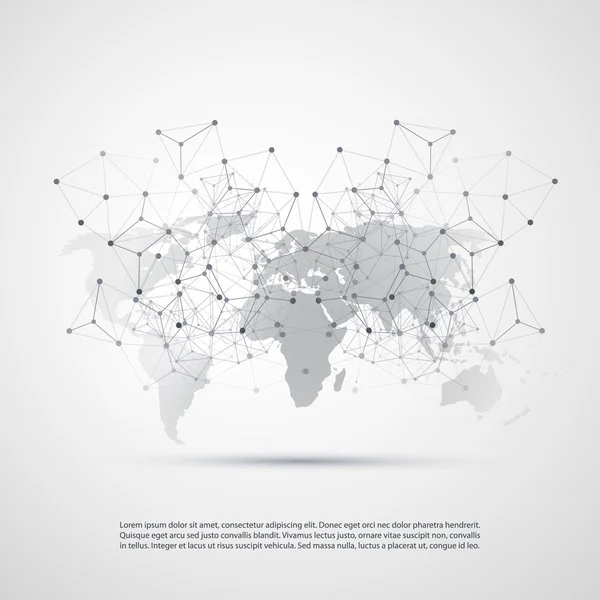 Cloud Computing und Netzwerke mit Weltkarte - abstrakte globale digitale Netzwerkverbindungen, Technologiekonzept Hintergrund, kreative Design-Element-Vorlage mit transparentem geometrischen grauen Drahtgeflecht — Stockvektor