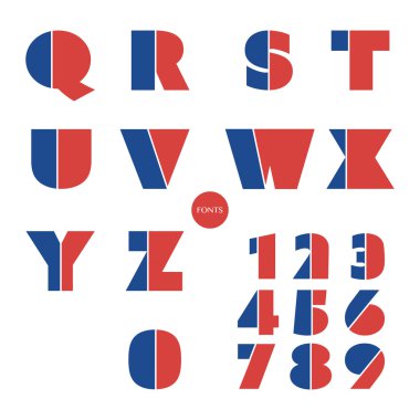 Art Deco yazı tipini ayarlama - mavi ve kırmızı renkli Vintage vektör tasarımı, Retro tipografi