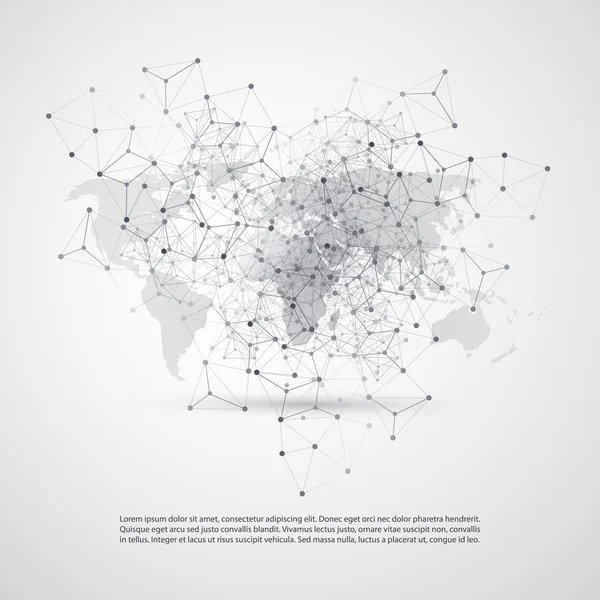 클라우드 컴퓨팅 및 세계 지도-네트워크 글로벌 디지털 네트워크 연결, 기술 개념 배경, 투명 한 기하학적 회색 철 망으로 창조적인 디자인 요소 서식 파일 추상화 — 스톡 벡터