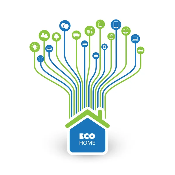 Green Eco Friendly Smart Home. Plantilla con iconos - Ilustración en formato vectorial editable — Archivo Imágenes Vectoriales