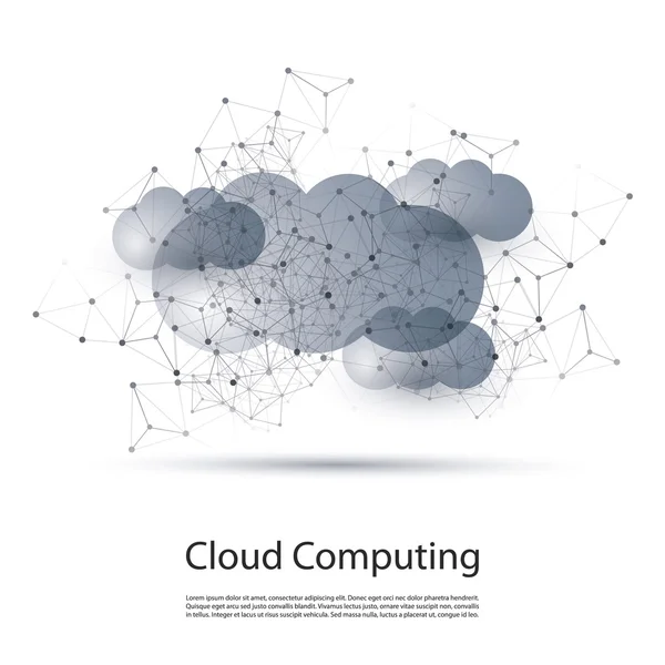 Computación en la nube mínima en blanco y negro, estructura de redes, diseño de conceptos de telecomunicaciones con Wireframe geométrico transparente — Vector de stock